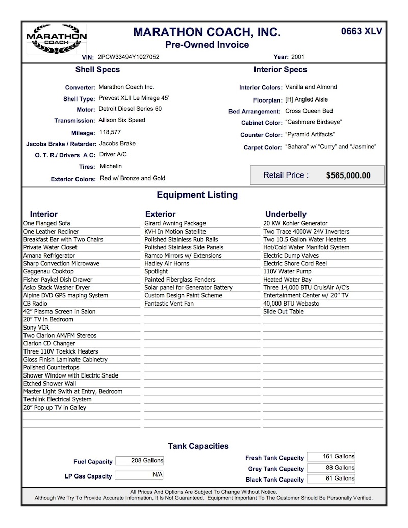 2001 Prevost Marathon XLII For Sale