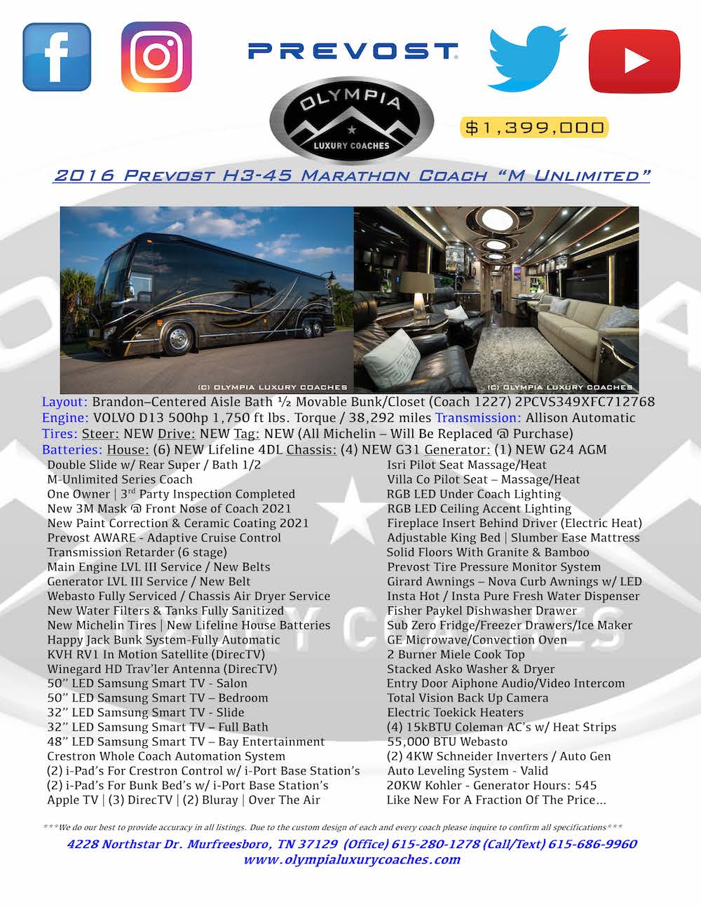 2016 Prevost Olympia H3-45 For Sale